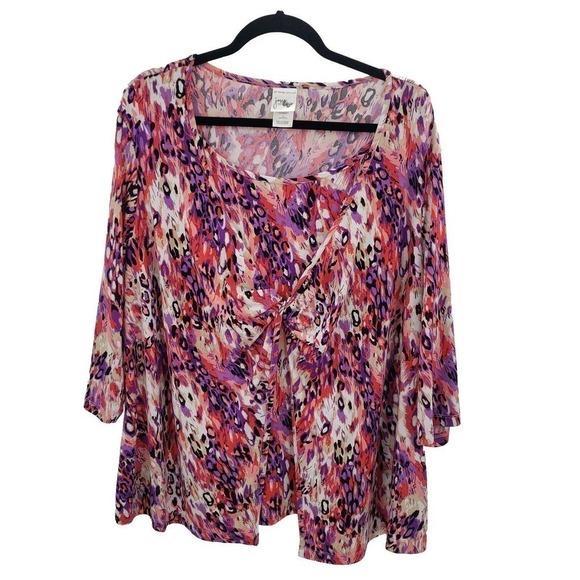 JMS Animal Print Slinky Knit Top Womens 4x Leopard Cheetah Layered 3/4 Sleeve - Picture 1 of 12